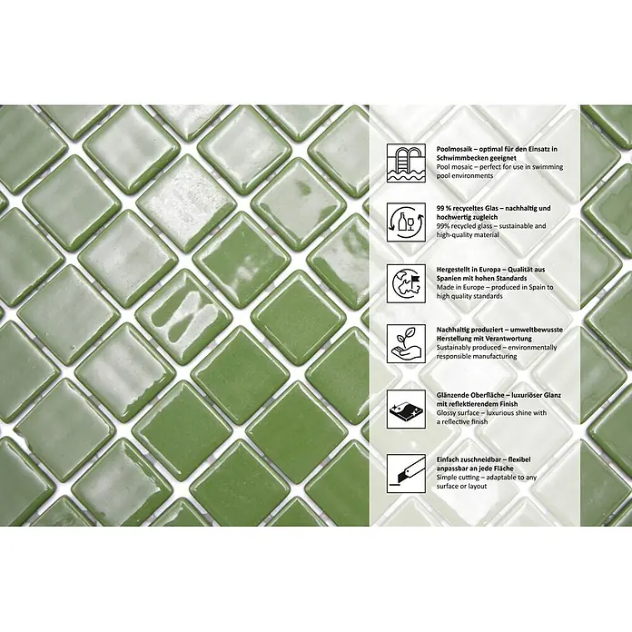 Mosaikfliese Quadrat Eco VP25602PUR - 31,6 x 31,6 cm, Glas, Dunkelgrün, Glänzend - Informationsansicht