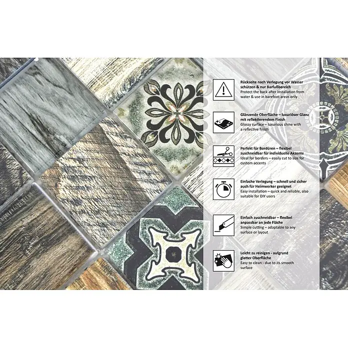 Mosaikfliese Quadrat Crystal XCM WOOD 500 - 30 x 30 cm, Grün/Braun, Glänzend - Informationsansicht
