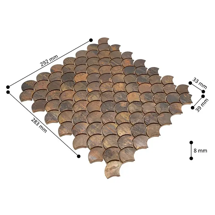 Mosaikfliese Fächer XK FS 46 - 28,3 x 29,2 cm, Kupfer, Matt - Bronze-farbene Fischschuppen Mosaikfliesenmatte, 292x283 mm, einzelne Fliesen 33x39 mm und 8 mm dick.