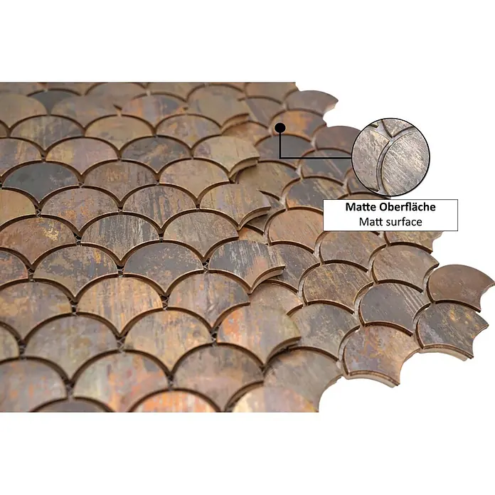 Mosaikfliese Fächer XK FS 46 - 28,3 x 29,2 cm, Kupfer, Matt - Matte Schuppenmosaikfliesen in gealterter Bronzeoptik.