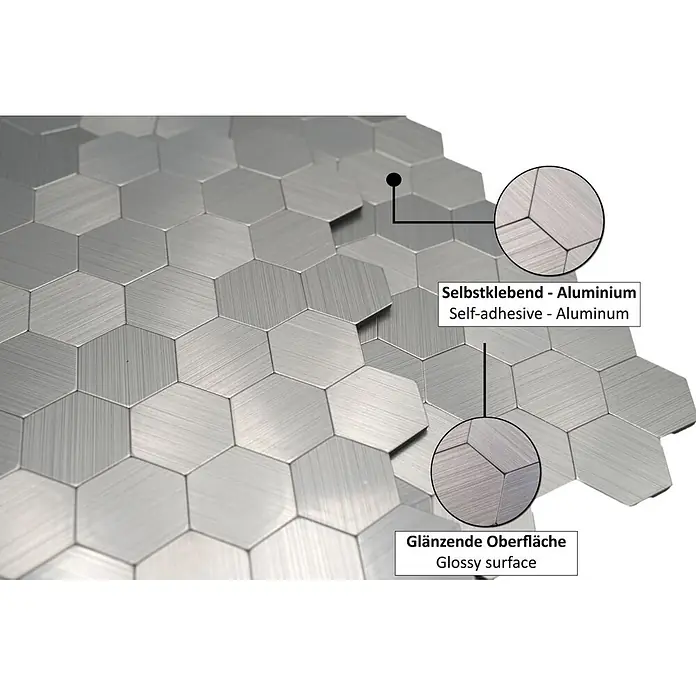 Selbstklebemosaik Hexagon SAM 4MMHX - 28 x 29 cm, Silber, Matt - Selbstklebende sechseckige Fliesen aus gebürstetem Aluminium mit glänzender Oberfläche.