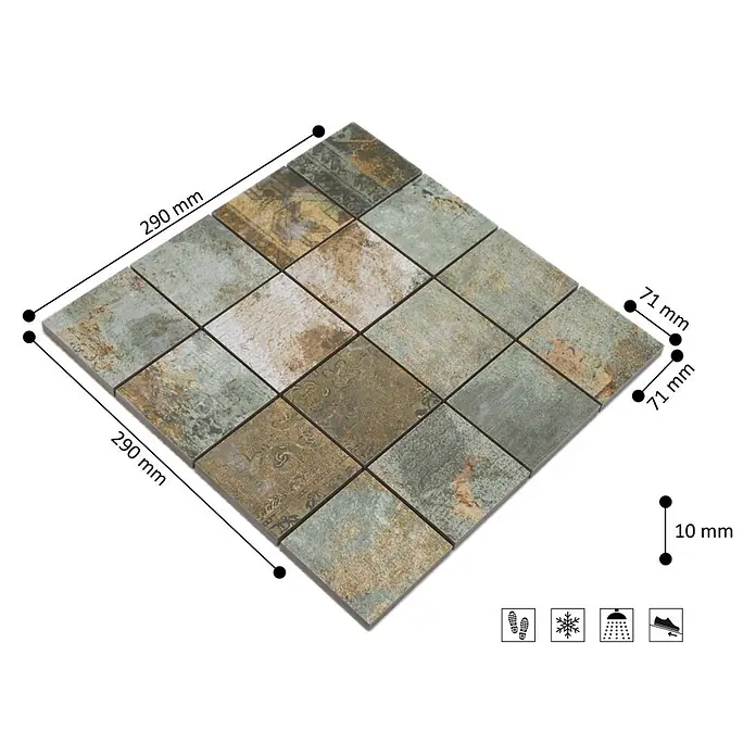 Mosaikfliese Quadrat Curtain 71 Mix CB 71BBG - 29 x 29 cm, Grün/Beige/Braun, Matt - Skizze