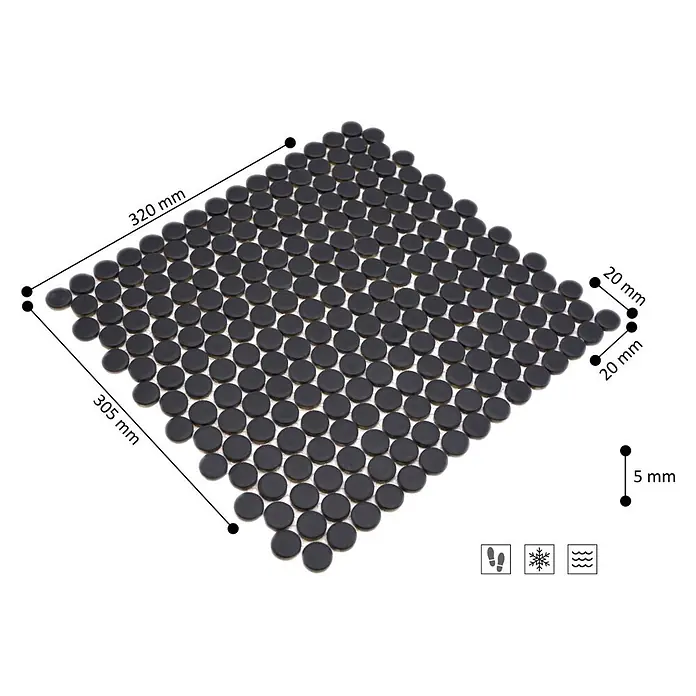 Mosaikfliese Knopf Uni 892N - 30,5 x 32 cm, Schwarz, Matt - Skizze