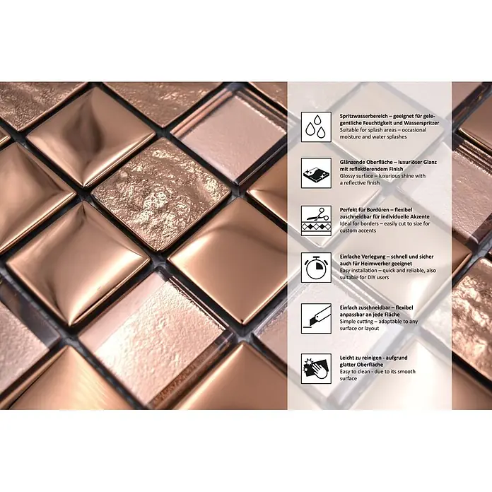 Mosaikfliese Quadrat Crystal XCM 32BR1 - 30 x 30 cm, Bronze, Glänzend - Roségoldene Mosaikfliesen mit glänzenden und strukturierten Oberflächen, ideal für Dekorationen und Spritzwasserbereiche.