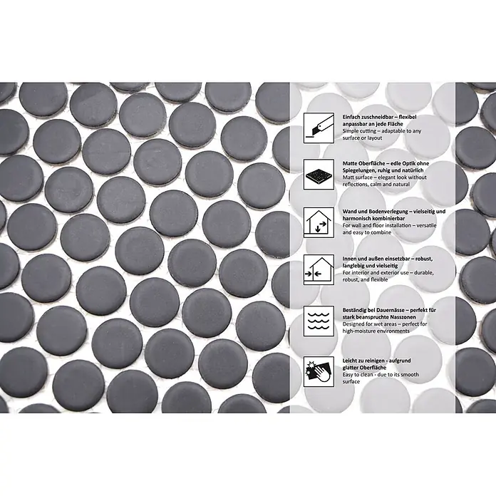 Mosaikfliese Knopf Uni 892N - 30,5 x 32 cm, Schwarz, Matt - Informationsansicht