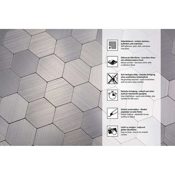 Selbstklebemosaik Hexagon SAM 4MMHX - 28 x 29 cm, Silber, Matt - Gebürstete Metall-Hexagonfliesen in einem modernen Muster.