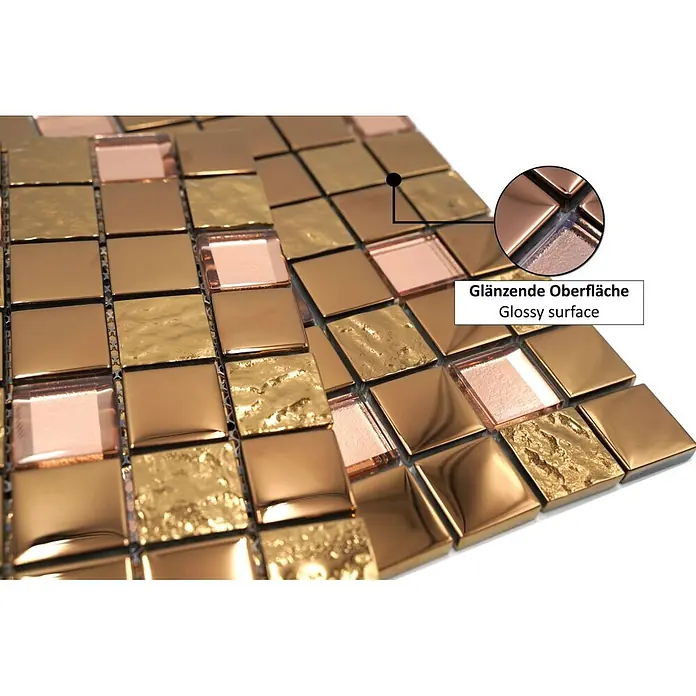 Mosaikfliese Quadrat Crystal XCM 32BR1 - 30 x 30 cm, Bronze, Glänzend - Glänzende Mosaikfliesen in Gold und Kupfer mit glatten, strukturierten und Glasoberflächen, die ihren metallischen Glanz betonen.
