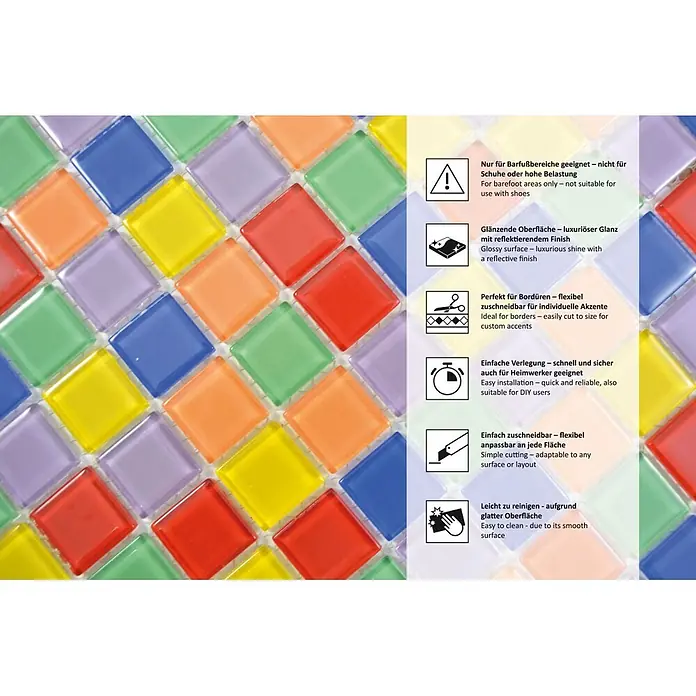 Mosaikfliese Quadrat Crystal CM 4SE10 - 30 x 30 cm, Mehrfarbig, Glänzend - Bunte, glänzende, quadratische Mosaikfliesen in verschiedenen Farben.