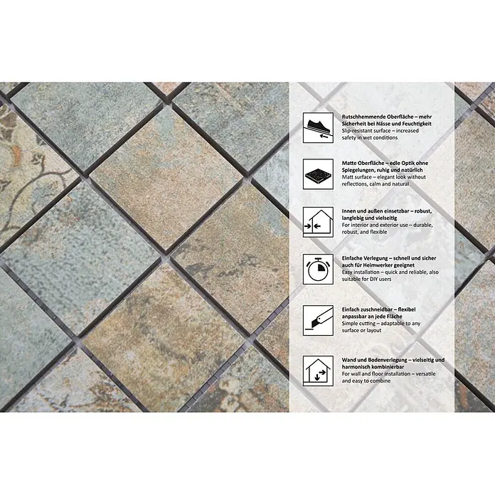 Mosaikfliese Quadrat Curtain 47 Mix CB 47BBG - 29,5 x 29,5 cm, Grün/Beige/Braun, Matt - Rustikale quadratische Mosaikfliesen in erdigen Grün- und Brauntönen, für vielseitigen Innen- und Außenbereich.