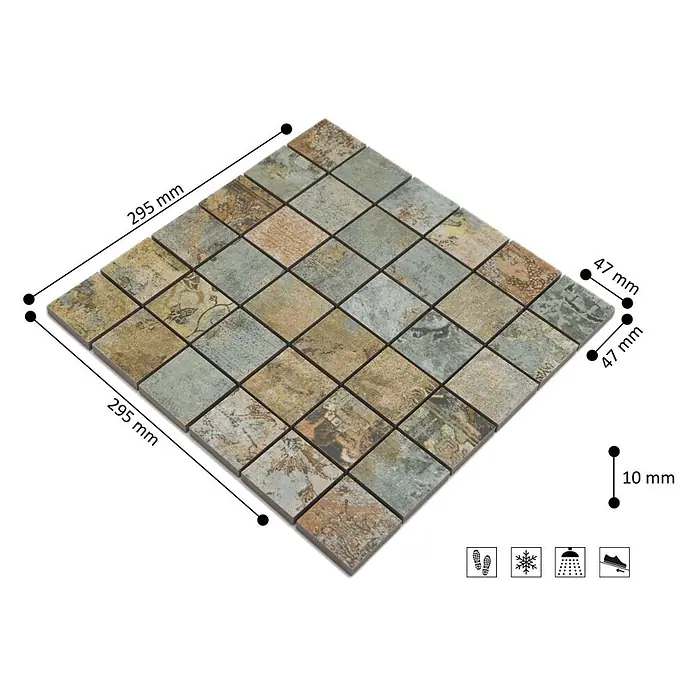 Mosaikfliese Quadrat Curtain 47 Mix CB 47BBG - 29,5 x 29,5 cm, Grün/Beige/Braun, Matt - Mehrfarbige Mosaikmatte, 295x295mm (47x47mm Fliesen, 10mm dick), mit texturierter Oberfläche. Frost-, dusch- und rutschfest.