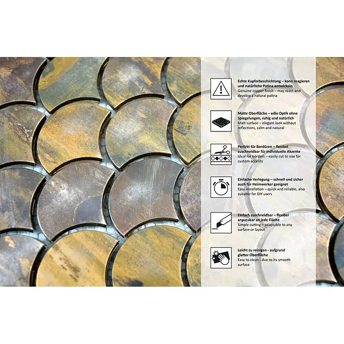 Mosaikfliese Fächer XK FS 46 - 28,3 x 29,2 cm, Kupfer, Matt - Irisierende, schuppenförmige Metallfliesen mit echter Kupferoberfläche. Matte Optik, einfach zuzuschneiden, zu verlegen und zu reinigen.