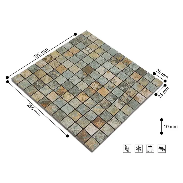 Mosaikfliese Quadrat Curtain 25 Mix CB 25BBG - 29,5 x 29,5 cm, Grün/Beige/Braun, Matt - Quadratische Mosaikfliesenmatte (295x295mm) mit gemischten grünen, braunen, grauen Fliesen (25x25mm, 10mm dick). Geeignet für Böden, Duschen, frostsicher.