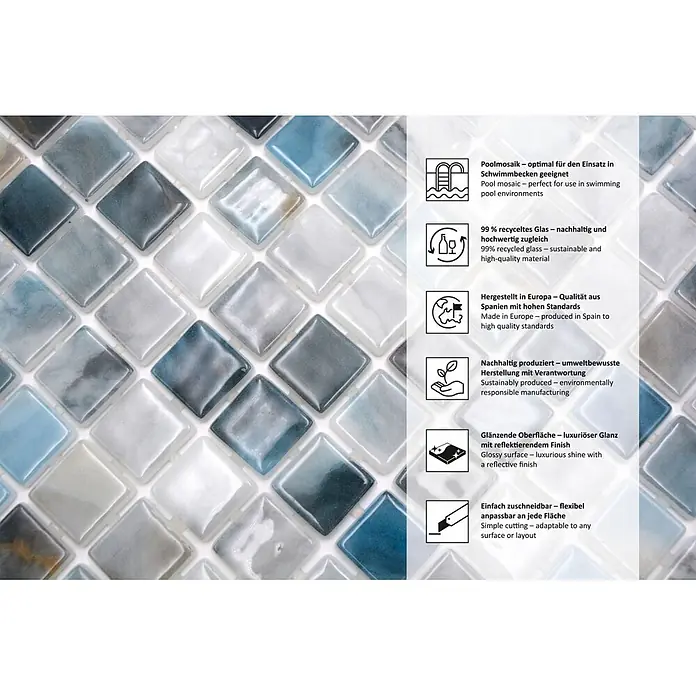 Mosaikfliese Quadrat Eco Air Force VP56256PUR - 31,6 x 31,6 cm, Mix Grau, Glänzend - Informationsansicht