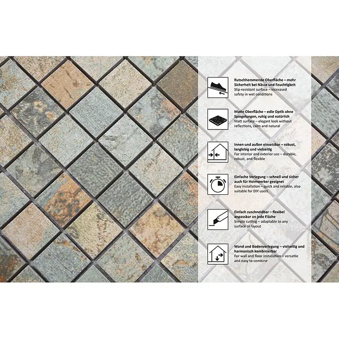 Mosaikfliese Quadrat Curtain 25 Mix CB 25BBG - 29,5 x 29,5 cm, Grün/Beige/Braun, Matt - Bunte, matte Mosaikfliesen in Erdtönen, rutschhemmend, vielseitig für Wand und Boden innen/außen, einfach zu verlegen.