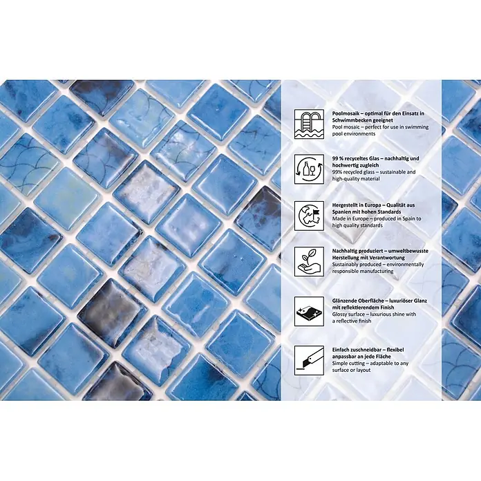 Mosaikfliese Quadrat Eco Olympic VP56255PUR - 31,6 x 31,6 cm, Mix Blau, Glänzend - Informationsansicht