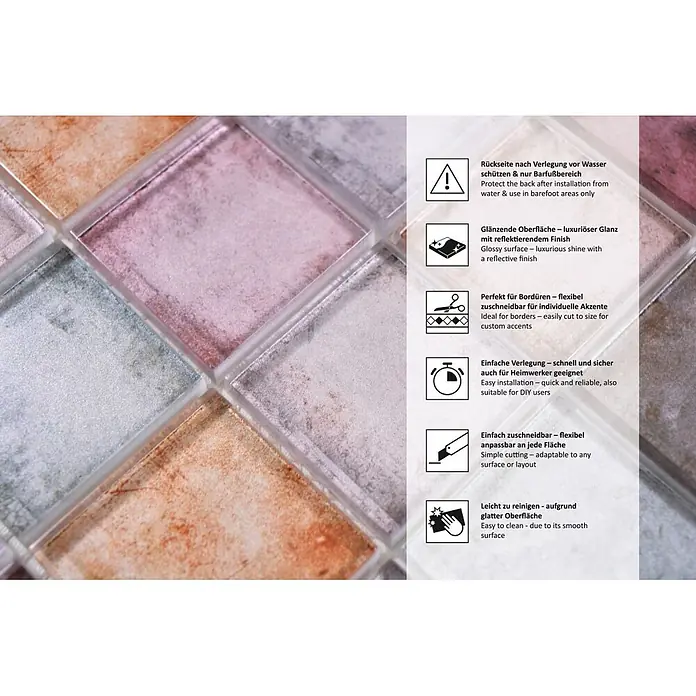 Mosaikfliese Quadrat Crystal SKY 123 - 30 x 30 cm, Lila, Glänzend - Informationsansicht