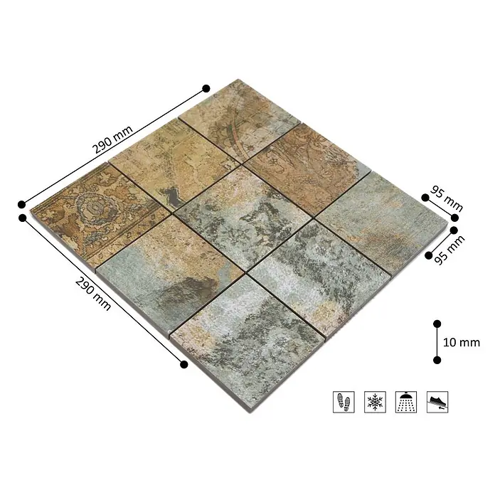 Mosaikfliese Quadrat Curtain 95 Mix CB 95BBG - 29 x 29 cm, Grün/Beige/Braun, Matt - Skizze