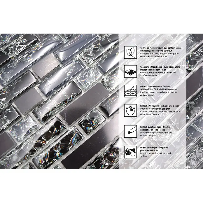 Mosaikfliese Verbund Crystal Mix XIC V1328 - 29,8 x 30,5 cm, Schwarz, Glänzend - Informationsansicht