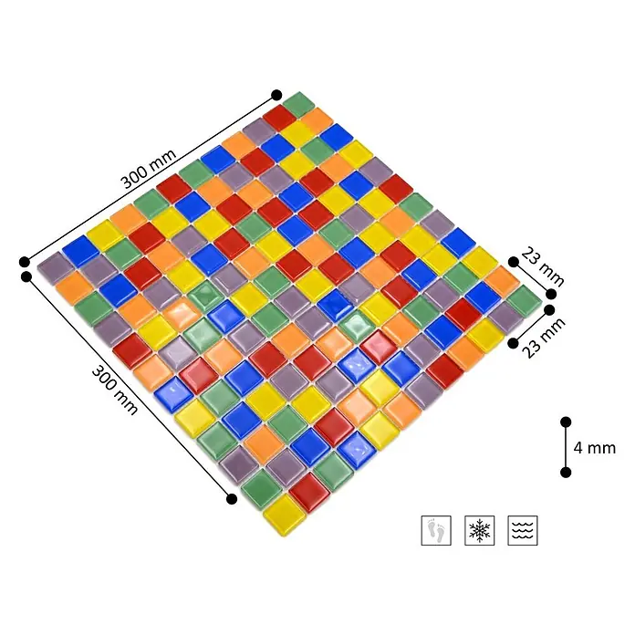 Mosaikfliese Quadrat Crystal CM 4SE10 - 30 x 30 cm, Mehrfarbig, Glänzend - Buntes Glasmosaik, 300x300mm Matte mit 23x23mm Fliesen und 4mm Dicke. Robust und vielseitig einsetzbar.