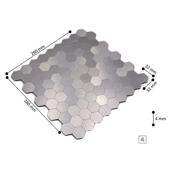 Selbstklebemosaik Hexagon SAM 4MMHX - 28 x 29 cm, Silber, Matt - Gebürstete silbergraue sechseckige Metallfliesenmatte, 290x280 mm groß, 4 mm dick. Einzelne Fliesen 32 mm.