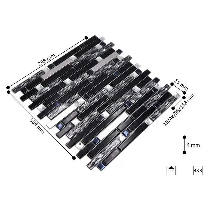Mosaikfliese Verbund Crystal CM GV478 - 29,8 x 30,4 cm, Schwarz/Silber, Glänzend - Skizze