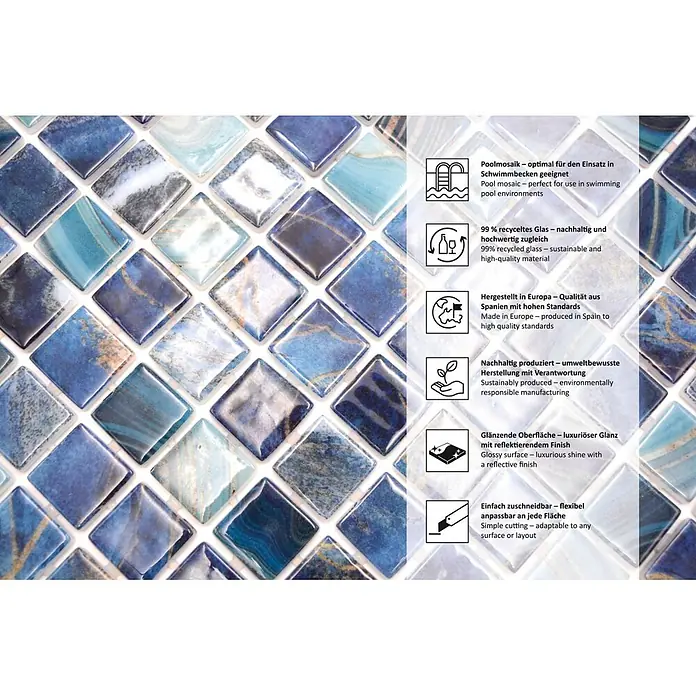 Mosaikfliese Quadrat Eco Royal VP56254PUR - 31,6 x 31,6 cm, Mix Royalblau, Glänzend - Informationsansicht