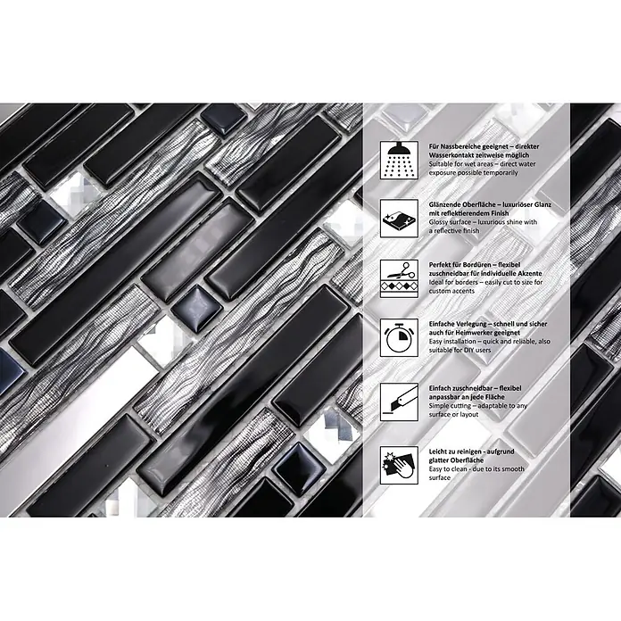 Mosaikfliese Verbund Crystal CM GV478 - 29,8 x 30,4 cm, Schwarz/Silber, Glänzend - Informationsansicht