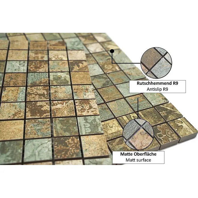 Mosaikfliese Quadrat Curtain 25 Mix CB 25BBG - 29,5 x 29,5 cm, Grün/Beige/Braun, Matt - Rustikale Mosaikfliesen mit matter, rutschhemmender R9 Oberfläche in Braun-, Grün- und Grautönen.
