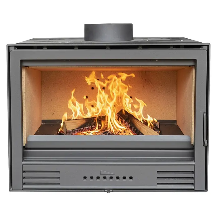 Insert de leña 700 PB - L x An x Al: 46 x 70 x 55 cm, 12,1 kW, Negro - Inserto de chimenea de leña gris oscuro con fuego encendido. Diseño moderno y controles de aire frontales.