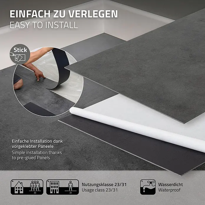 ML-Design Vinylboden Klebevinyl Bodenfliesen wasserdicht 6,68m²/36 Stk. Grau Zement Dunkel - Zement Dunkel, 610 x 305 x 2 mm