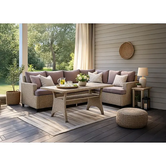 Sunfun Conjunto de muebles Namsted - 3 pzs., Ratán sintético/Acero, Beige - Sofá seccional de exterior beige con aspecto de ratán, cojines morados, mesa de centro y otomana en una terraza oscura, un espacio acogedor.