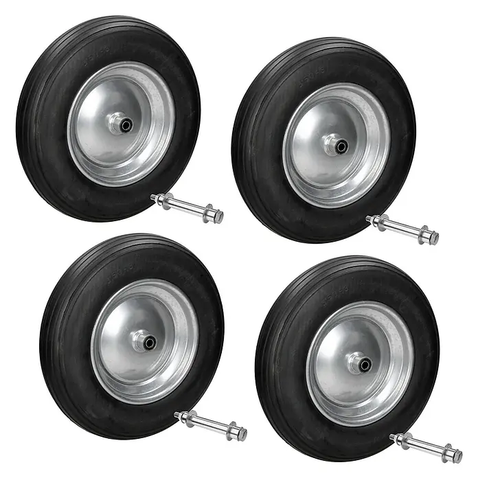 Schubkarrenrad 4er Set aus PU Vollgummi 3.50-8/Ø350 x 80 mm Schwarz -  - Vier Utility-Räder mit schwarzen Gummireifen, silbernen Metallnaben und passenden Metallachsen.
