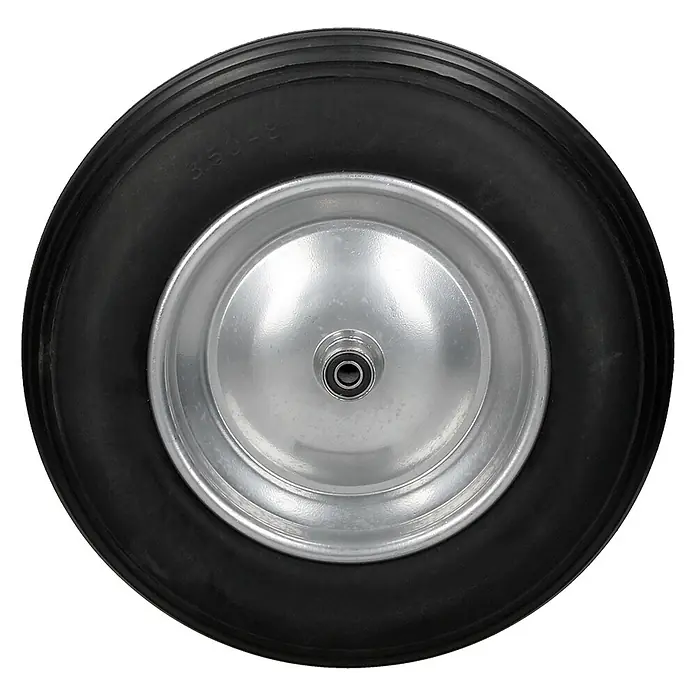 Schubkarrenrad 2er Set aus PU Vollgummi 3.50-8/Ø350 x 80 mm Schwarz -  - Schwarzer Gummireifen mit silberner Metallfelge und zentralem Lager, geeignet für Schubkarren oder Wagen.
