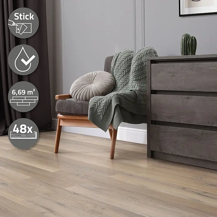ML-Design Vinylboden PVC Bodenbelag selbstklebend Klebefliesen Boden in Holzoptik 2mm Dicke - Eiche Rustikal Hell, Landhausdiele