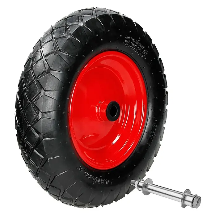 Schubkarrenrad 2er Set luftbereift mit Achse Ø 390 mm Schwarz 200kg -  - Schwarzes Rad mit roter Nabe und silberner Achse.
