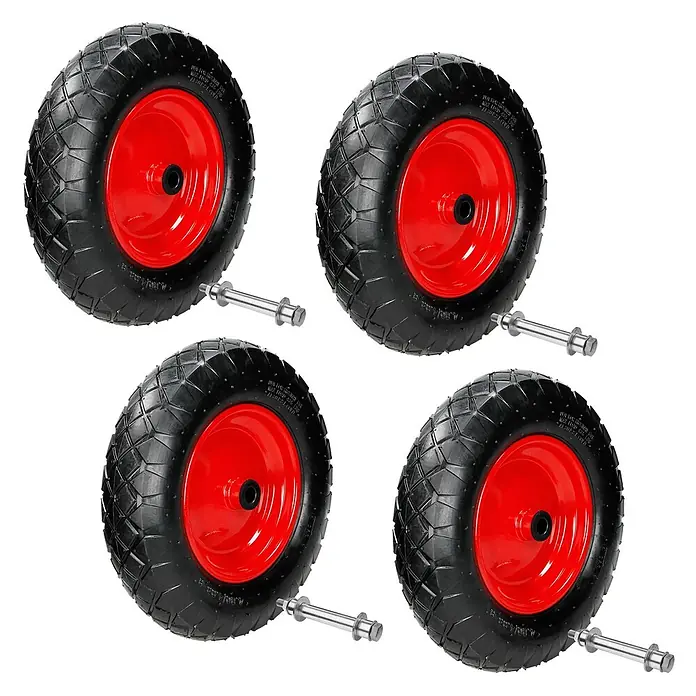 Schubkarrenrad 4er Set luftbereift mit Achse Ø 390 mm Schwarz 200kg -  - Vier schwarze Gummi-Transporträder mit roten Naben und silbernen Metallachsen.