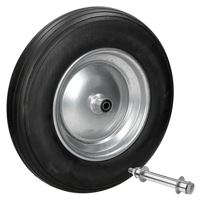 Schubkarrenrad aus PU Vollgummi 3.50-8/Ø350 x 80 mm Schwarz -  - Schwarzer Gummireifen auf silberner Metallfelge mit separater Metallachse.