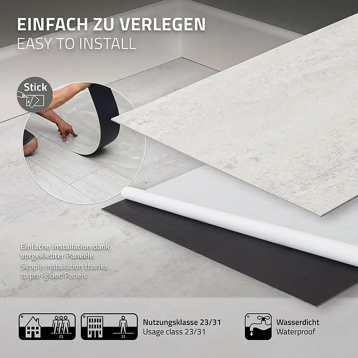 ML-Design Vinylboden Klebevinyl Bodenfliesen wasserdicht 10,02m²/54 Dielen Grau Zement Hell - Zement Hell, 610 x 305 x 2 mm