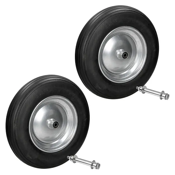 Schubkarrenrad 2er Set aus PU Vollgummi 3.50-8/Ø350 x 80 mm Schwarz -  - Zwei schwarze Gummiräder mit silbernen Metallfelgen und zwei passenden Achsen, ideal für Bollerwagen oder Karren.