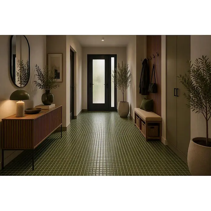 Mosaikfliese Quadrat Eco VP25602PUR - 31,6 x 31,6 cm, Glas, Dunkelgrün, Glänzend - Stimmungsaufnahme