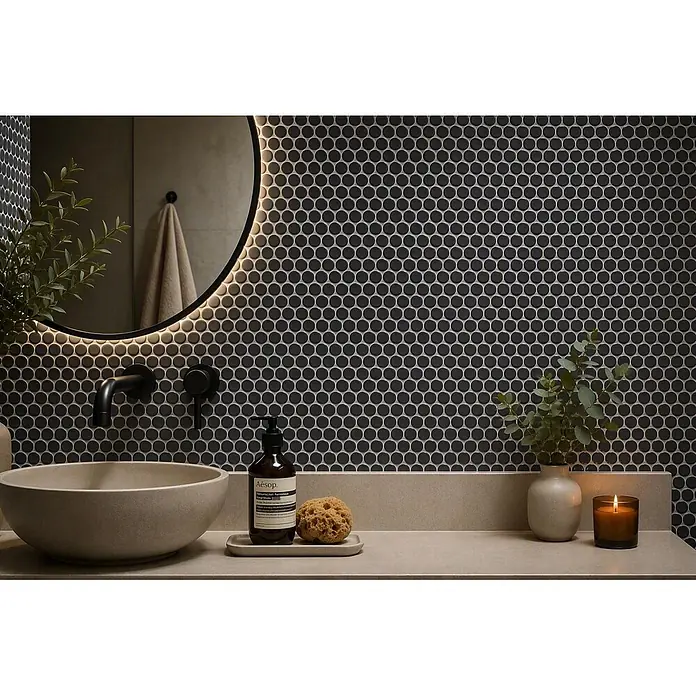 Mosaikfliese Knopf Uni 892N - 30,5 x 32 cm, Schwarz, Matt - Stimmungsaufnahme