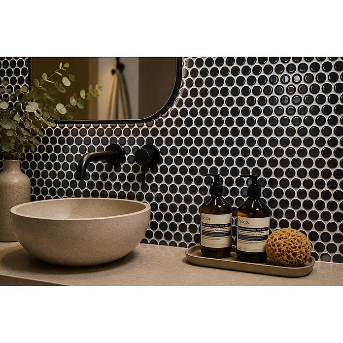 Mosaikfliese Knopf Uni 890N - 30,5 x 32 cm, Schwarz, Glänzend - Stimmungsaufnahme