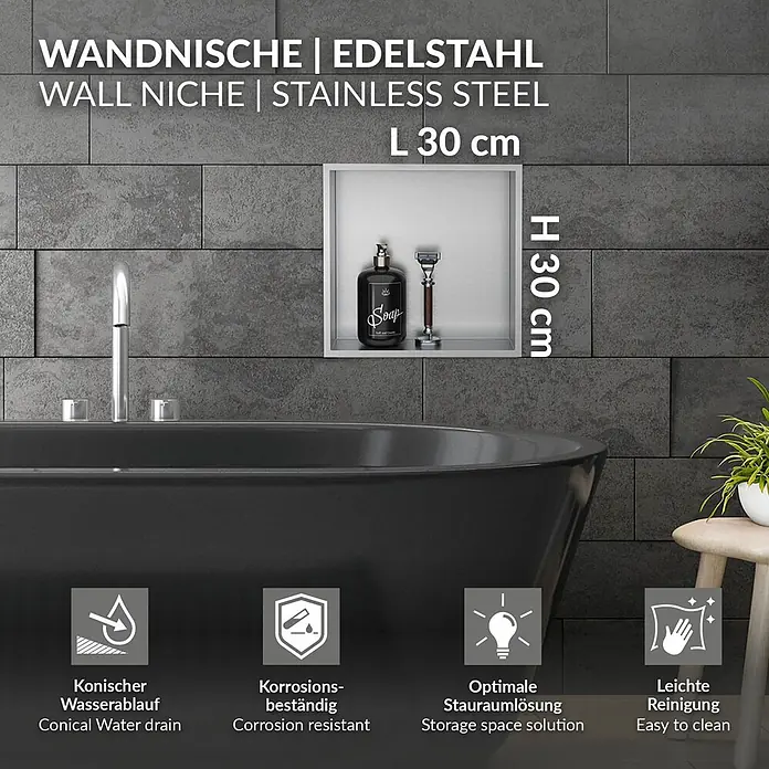 Wandnische Dusche aus Edelstahl 30x30x10 cm Silber mit Rahmen -  - Wandnische aus Edelstahl, 30x30 cm, in Badewanne über einer schwarzen Wanne, mit Seifenspender und Rasierer.