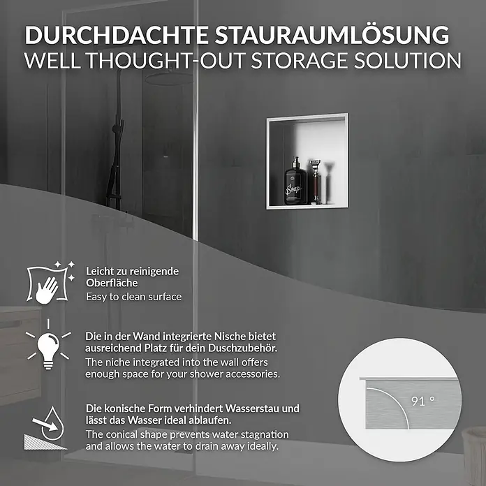 Wandnische Dusche aus Edelstahl 30x30x10 cm Silber mit Rahmen -  - Weißes Duschregal in dunkler grauer Wand, bietet Stauraum und hat eine Neigung für den Wasserablauf.