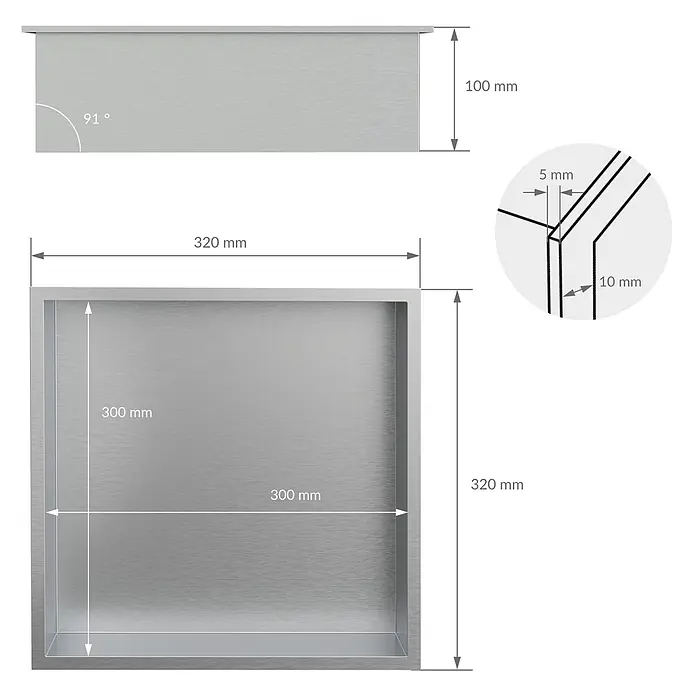 Wandnische Dusche aus Edelstahl 30x30x10 cm Silber mit Rahmen -  - Nische aus gebürstetem Silbermetall, 320x320x100mm gesamt, 91-Grad-Winkel. Mit 300x300mm Innenraum, 10mm Wandstärke und 5mm Lippe.