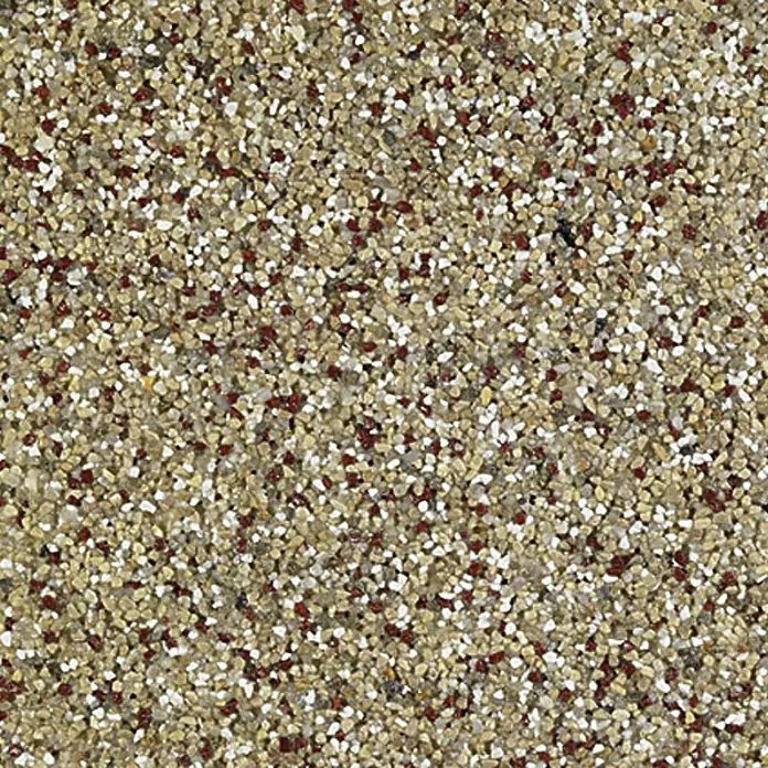 swingcolor Buntsteinputz - Korngröße: 2 - 3 mm, 20 kg, Nr. 50 - Nahaufnahme einer strukturierten Wand mit beigen, weißen und roten Kieselsteinen.