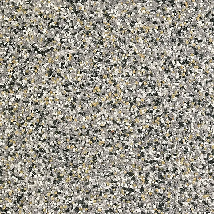swingcolor Buntsteinputz - Korngröße: 2 - 3 mm, 20 kg, Nr. 51 - Nahaufnahme einer strukturierten Oberfläche mit kleinen, bunten Kieselsteinen in Grau-, Schwarz-, Weiß- und Goldtönen.