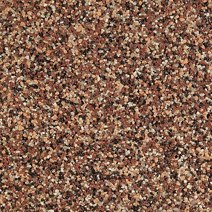 swingcolor Buntsteinputz - Korngröße: 2 - 3 mm, 20 kg, Nr. 52 - Nahaufnahme einer Textur mit braunen, beigen und schwarzen Kieselsteinen, ideal für Hintergründe oder Designelemente.