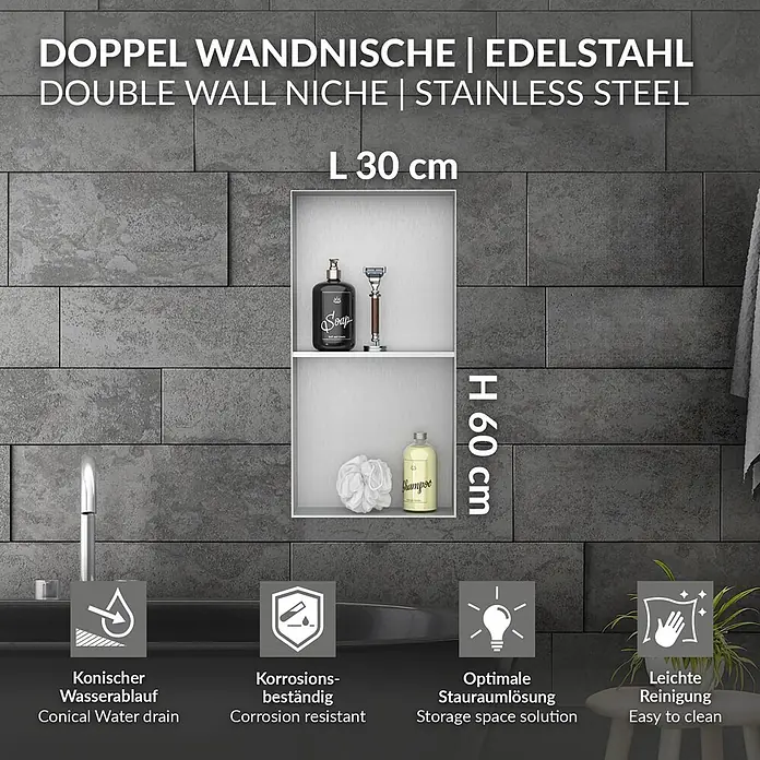 LuxeBath CW-Standprofil - 300 x 100 x 5 mm - Doppelte Wandnische aus Edelstahl, 30x60 cm, in eine geflieste Duschwand integriert, mit Pflegeprodukten.