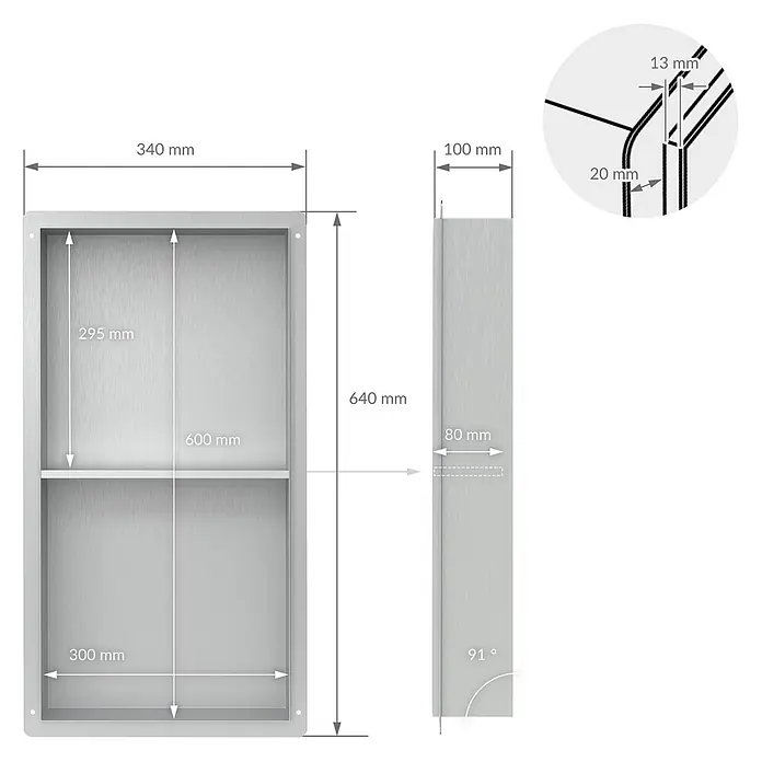 LuxeBath CW-Standprofil - 300 x 100 x 5 mm - Rechteckige Nische aus gebürstetem Metall mit zwei Fächern, detaillierte Abmessungen zur Montage.